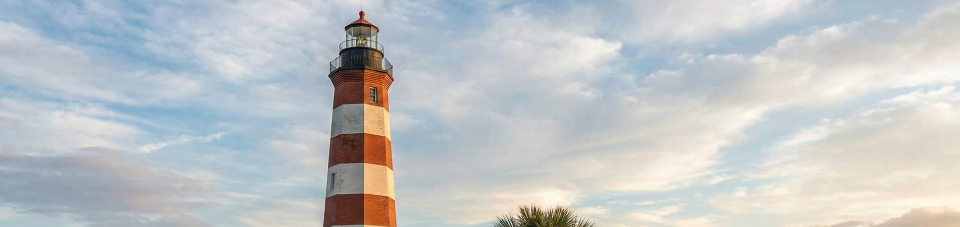 Striped lighthouse with palm trees, set against a cloudy sky at sunset.
